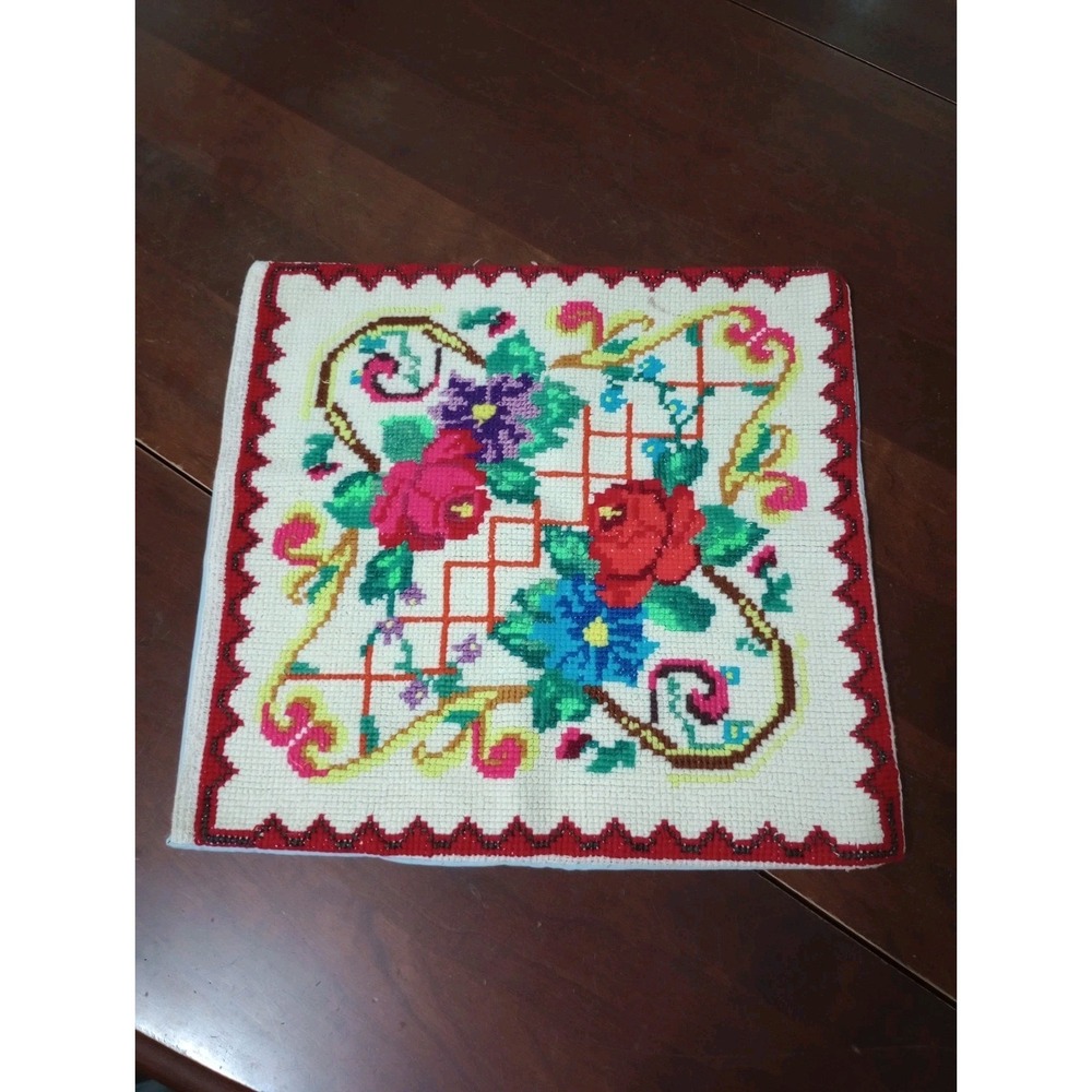 Vintage Handmade Needlepoint Throw Pillow Cover 12" X 12"